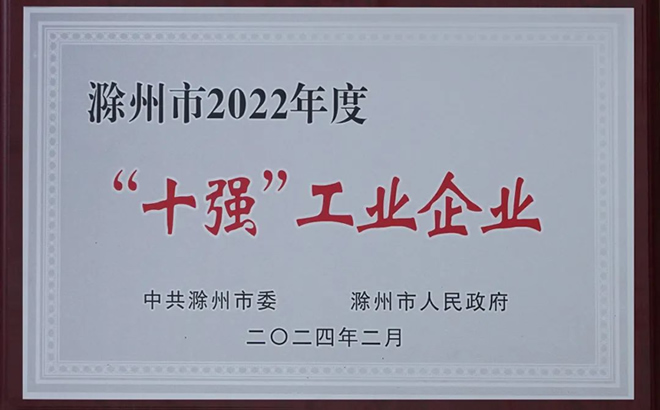“滁州市十強工業(yè)企業(yè)”榮譽 “滁州市十強工業(yè)企業(yè)”榮譽